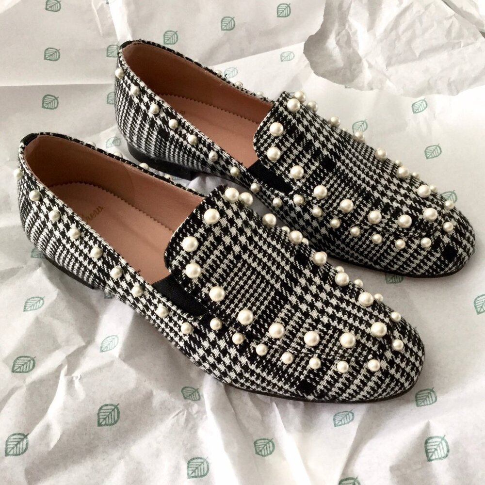 J. Crew Plaid Loafer with Pearl Studs